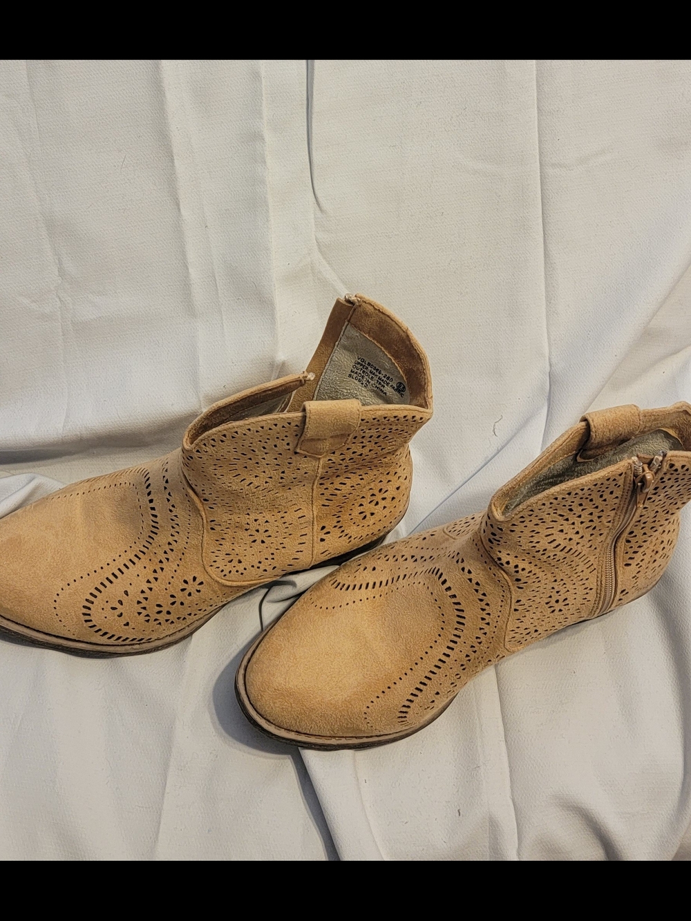 Very G Tan Perforated Suede Ankle Booties
